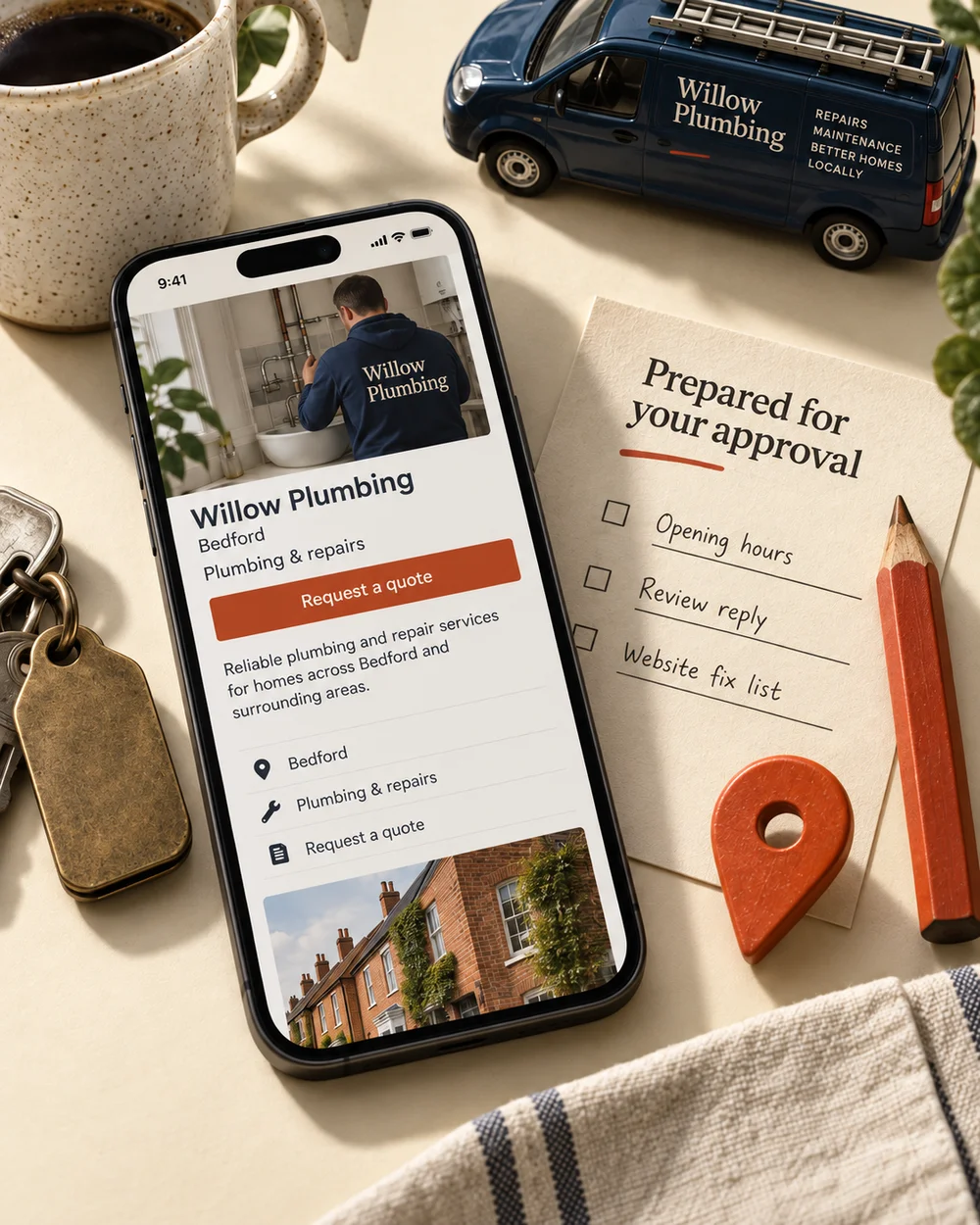 A phone showing an illustrative business profile beside a checklist titled Prepared for your approval